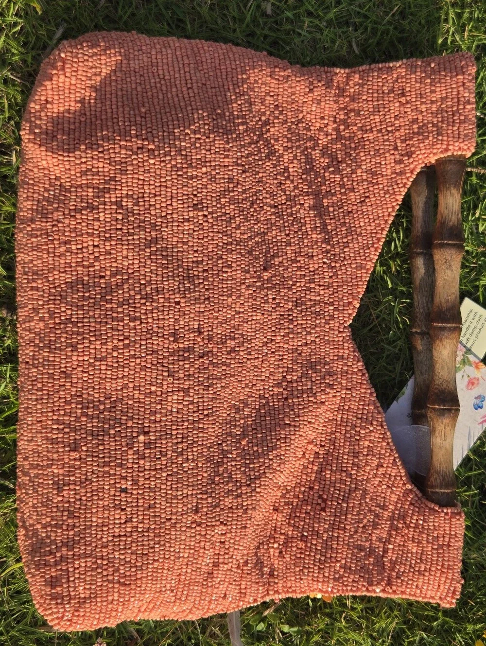 🧡 Viral Handmade Beaded Boho Clutch- Coral Pink & Bronze with Bamboo Handle
